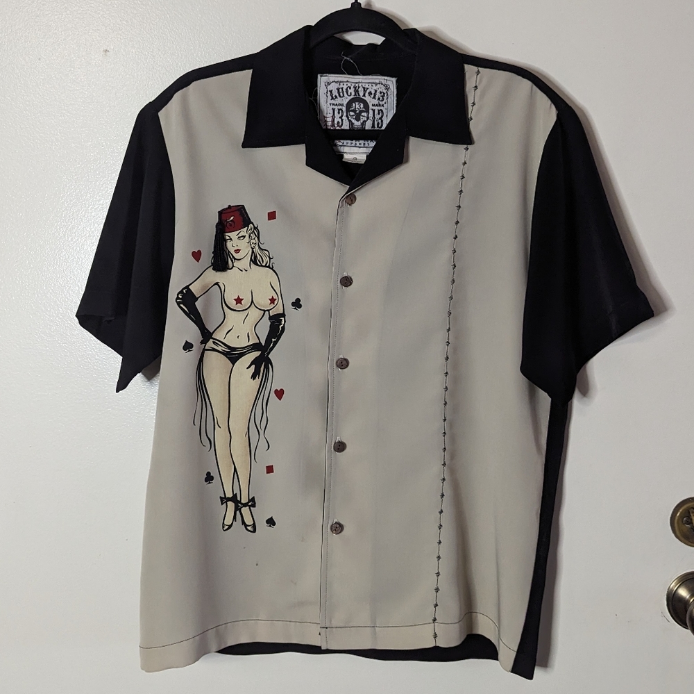 Lucky 13 Retro Button Up pinup woman with fez and tassel small